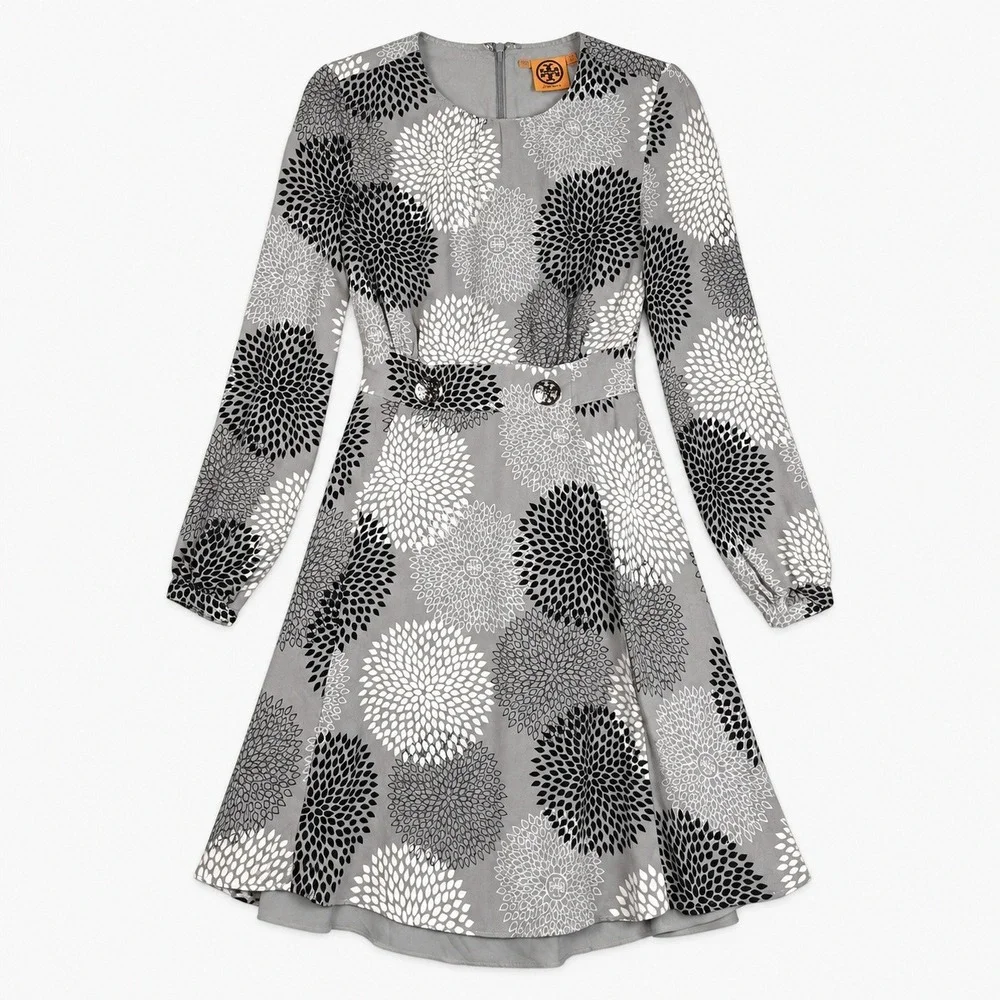 Tory Burch Wendy Silk Sequin Mini Dress Women's 2 Gray Floral Archival Mod Glam